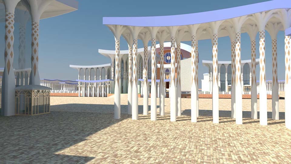 Date palms on 3d model of the Temple